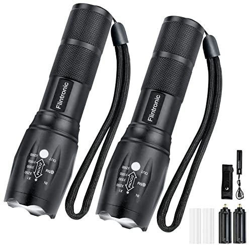 flintronic Linternas LED Alta Potencia, 2 x Linternas LED con 1 x Cargador + 2 x Convertidores de Batería, 2200Lúmene 5Modos Impermeable Zoomable Linterna Táctica para Acampar (sin Batería)