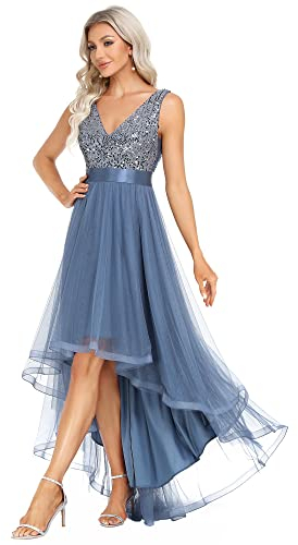 Ever-Pretty Robe pour Mariage Invité Femme Longue Paillettes Tulle Col V Asymétrique A Line Brillante Bleu Denim 44