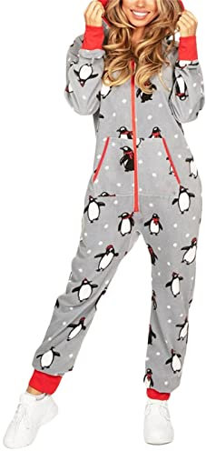 Coppie abbinate pigiama natalizio con cappuccio in pile tutina da uomo manica lunga stampato tuta piena con cerniera con tasche, Pinguino Grigio Donne, S