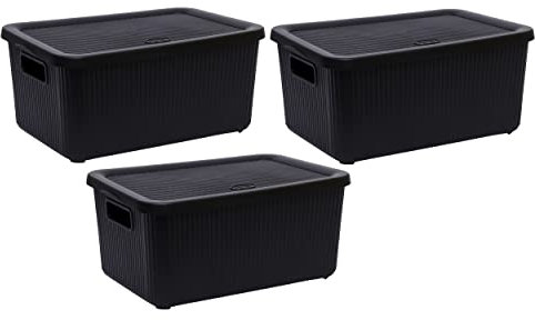 Set of 3- 14L Litre Large Plastic Knitted Storage Basket with Lid, Storage Box Stackable Organiser Lidded Bin Box Large Rib Box for Nursery, Kids, Closet, and Many More (Black)