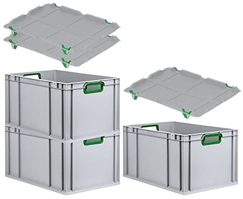PROREGAL SuperSparSet 3x Eurobox NextGen Color mit Auflagedeckel & Schiebeschnappverschlüsse, HxBxT 32x40x60cm, 65L, Griffe grün offen, Verstärkter Boden, Eurobehälter Transportbox Transportbehälter