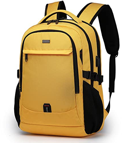 Mochila portátil de 17 pulgadas para viajes mochila universitaria Casual resistente al agua para hombres/mujeres bolso portátil con puerto de carga USB, amarillo