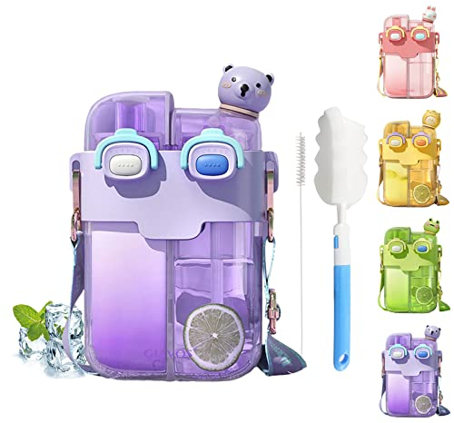 RUYI Botella de agua para niños de 780 ml, a prueba de fugas, sin BPA, doble propósito, con pajita y correa, botella de agua Kawaii para escuela, bicicleta, gimnasio, con cepillo de limpieza y