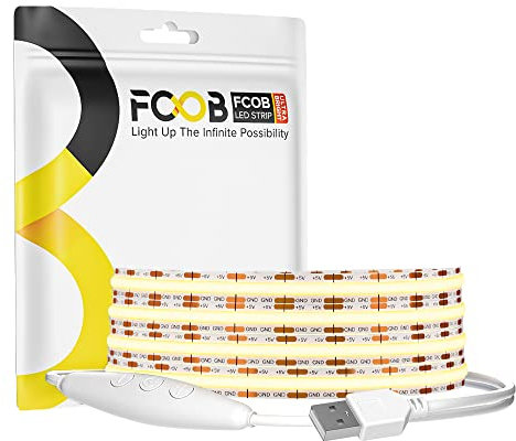 FCOB COB USB Bande LED Flexible Haute Densité Blanc Naturel 4000K 2M 320LEDs/M DC5V 8mm Largeur CRI90+ Variable Bande LED Luminosité Uniforme pour Cuisine Accueil DIY Décoration