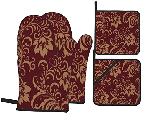 Handschuhe Und Topflappen-Set Blume Kastanienbraun Gold Edel Burgund Antik Neuheit Backhandschuhe Hitzebeständig Ofenhandschuhe Set Für Grillen Cafe Backen