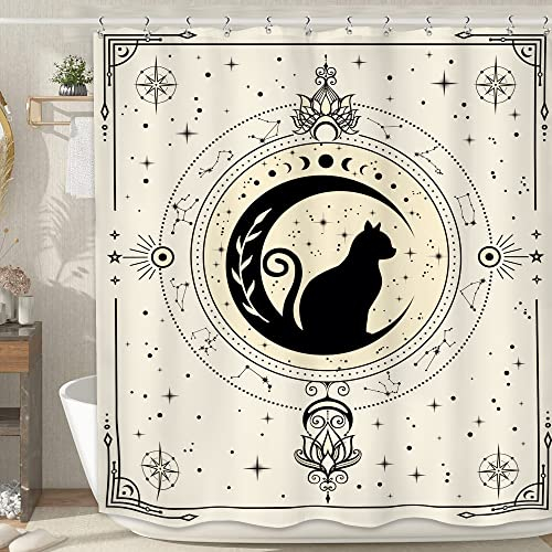 LIGHTINHOME Rideau de douche motif chat noir sorcier, 152,4 x 182,9 cm (l x H), phases de lune beiges, étoiles, mystérieux, mystique, céleste, décoration de salle de bain en polyester imperméable,