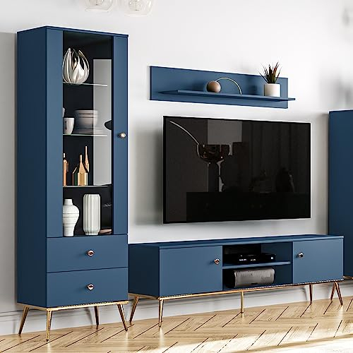 Wohnwand Wohnzimmermöbel dunkelblau 3-teilig Modern, 1 Vitrine, 1 Lowboard, 1 Wandboard inkl. LED-Beleuchtung
