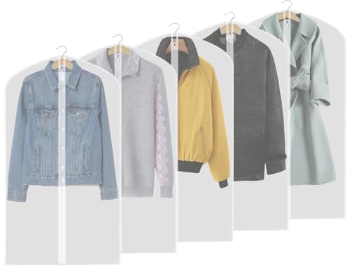Garment Bags - 5 Pcs Clothes Covers, Dustproof Suit Bag Covers Waterproof Moth Proof Coat Bag with Zip, Translucent Dress Cover Anti-Mite Breathable Protector for Wardrobe Storage and Travel 60x120cm