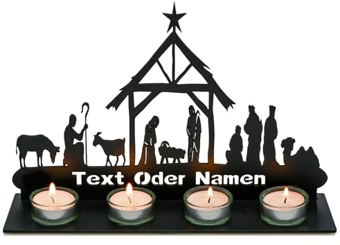 Teelichthalter 4 Stück Weihnachten Kerzenständer,Kerzenhalter Tischdeko Deko,Weihnachtsdekoration Schwibbogen personalisierte Krippe Weihnachten Lichterbogen Schild mit Namen Geschenke Aus MDF Holz