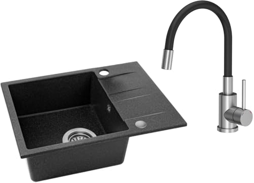VBChome Spülbecken mit Armatur 56 x 44 cm Schwarz Granit Einzelbecken Einbauspüle Gesprenkelt Reversibel Granitspüle Siphon Waschbecken Schwarz mit Armatur