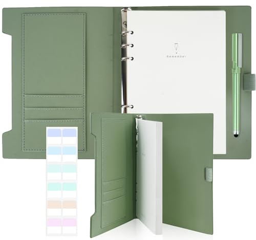 Ringbuch A5, Grün Ringbuch A5 Nachfüllbar, 160 Seiten Notizbuch mit Stift und Stifthalter, Hardcover PU Journal Notizbuch mit 6 Ringen, Tagebuch mit Book Tabs Geeignet als Ordner Binder Planer
