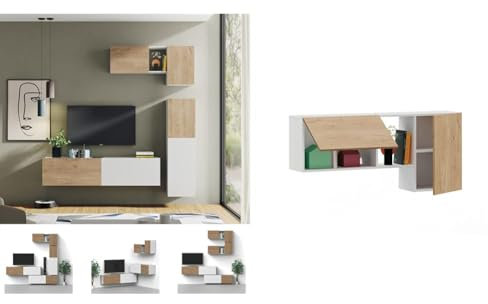 MUEBLES PITARCH Nilo Mueble Tv, Color Roble Gold y Blanco, 42 x 180 x 40,5 cm Nilo Mueble Tv, Pistón Retenedor, Color Roble Gold y Blanco, 60 x 130 x 32 cm