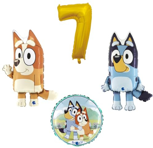 4 teiliges Ballonset mit Bluey und Bingo einer Ballonzahl mit der Nummer 7 in Gold und ein runder Ballon