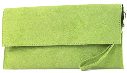 modamoda de T151 Damen Wildleder Rauleder Clutch Umhängetasche Abendtasche handmade in Italy, Farbe:Hellgrün