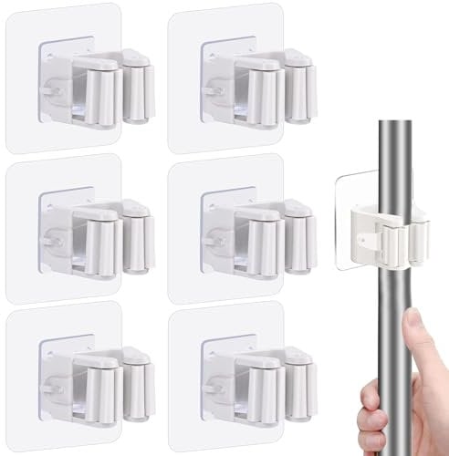 WNXBFO 6 Piece Broom Holder Wall Mounted, Self Adhesive Mop Holder, Broom Holder No Drill Wall Mounted Organizer Clip Wall Mount Broom Clips Broom Clips Without Drilling for Kitchen bathroom