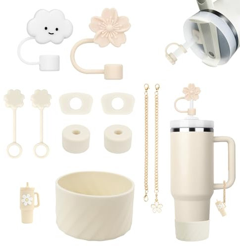 Lot de 11 Accessoires Stanley Cup, comprenant 6 Protections Anti-éclaboussures Stanley Cup, 2 Couvercles de Paille, 2 Accessoires pour Pendentifs, 1 Couvercle en Silicone (Creme Tonal)