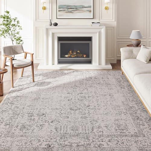 HUGEAR Grau Bereich Teppich 240x300 Indoor Vintage Wohnzimmer Teppich Waschbar Distressed Teppich Grau Floral Schlafzimmer Teppich Retro Akzent Wurf Teppich für Büro Esszimmer Kinderzimmer