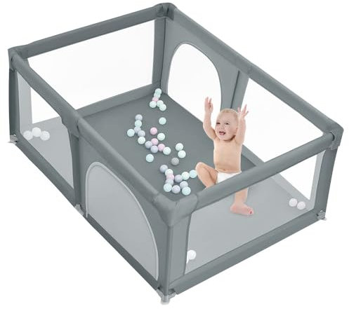 Laufstall für Babys, Laufgitter aus Oxford-Stoff, Laufgitter mit atmungsaktivem Netz, Spielgitter für Babys, mit 50 Bällen, Spielcenter für Kinder, stabil und atmungsaktiv (B, dunkelgrau)