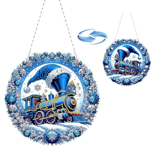 CXINLky DIY Diamond Art Painting Anhänger mit Kette, Diamant Weihnachten Fensterbilder, Kreatives 5D Diamond Weihnachten Wandbehang Kits für Fenster Wand Garten Decor-01-Blauer Zug