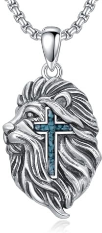 enjoylifecreative Löwe Halskette für Herren 925 Sterling Silber Löwenkopf Kreuz Anhänger Kette mit Türkis Löwe Schmuck Geschenk für Männer