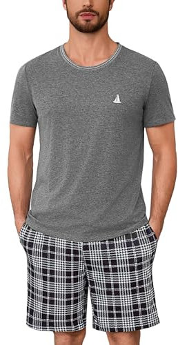 Jahetuul Pyjama Homme Court en Coton Été Ensembles de Pyjama Homme à Col Rond avec Poches Pyjama Homme avec Short à Carreaux Vêtements de Nuit Homme
