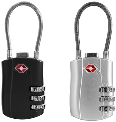 Lot de 2 cadenas à bagages approuvés par la TSA, combinaison à 3 chiffres, cadenas à câble en acier reconfigurable pour voyage, valise, sac à dos, casiers, salle de sport (noir + argent)