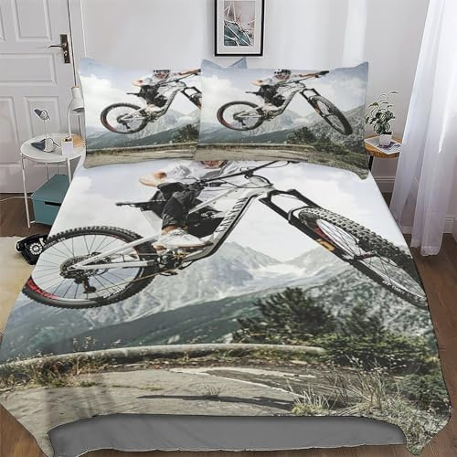 GGJJTT Mountainbike 3D Bettwäsche-Set, Bettbezug, Schlafzimmer Bettbezüge Für Mädchen Jungen, Mit Kissenbezügen Mikrofaser Deckenbezug Single135x200cm