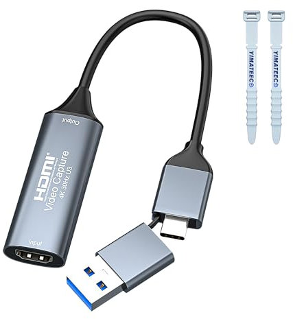 YIMATEECO Video Capture Card,4K 1080P HDMI to USB C Audio Video Capture Card with Type C Adapter,4K 30HZ HD,for Windows,MacOs, Android,for Game Live Broadcast,Video Recording(Gray)