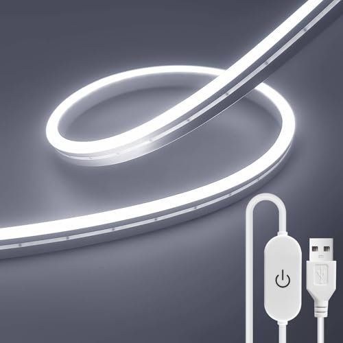 ShineBurky LED Strip Light White 6000K, 5V 2M Neon Rope Lights USB Powered Waterproof, LED Lights Strip Flexible Dimmable Cuttable for Bedroom Kitchen Mirror TV Backlight Cupboard Outdoor Indoor Decor