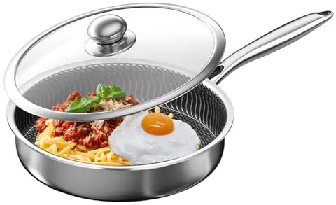 High Quality Non Stick Frying Pan with Lid - Stainless Steel Frying Pan with Lid, Uncoated Stainless Steel Frying Pan | Large, Thick & Durable Non-Stick Frying Pan for Cooking & Resting