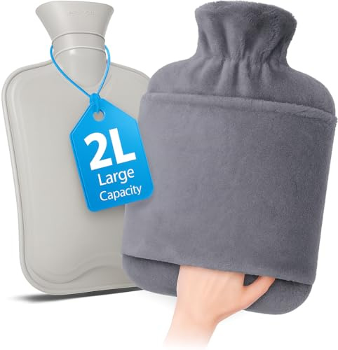 WENZO Borsa Acqua Calda 2L in Gomma Naturale con Copertura in Pile Morbido Lavabile – Tasca a Marsupio – Calore Prolungato per Mani, Piedi, Schiena e Dolori Mestruali (Grigio)
