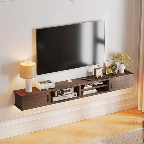 FloatiCasa Floating TV Stand,150cm Wall Mounted TV Unit with 2 Doors & 3 Open Cabinets,Plywood Media Console for Living Room,Bedroom Small Space Entertainment Centre with Cable Management,Walnut