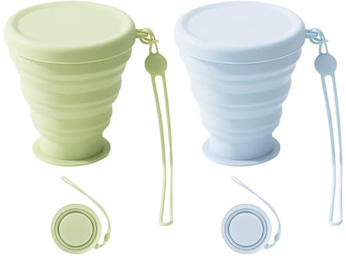 2 tazze pieghevoli in silicone con coperchio in silicone, 250 ml, senza BPA, pieghevoli, spesse, portatili, riutilizzabili, per campeggio, picnic, escursioni, viaggi (verde + blu)