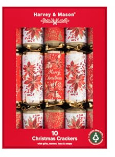 RSW Harvey & Mason 10 Poinsettia 14 Crackers – Luxury Family Christmas Crackers with Red & White Poinsettia Design and Gold Ribbon – Includes Hats, Mottos & Festive Gifts