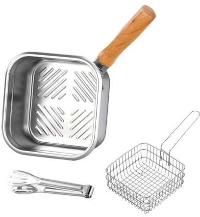 Deep Fryer Pot, Stainless Chip Frying Pan Chip Pan Fryer Oil Container with Basket and Tongs for Chips Fries Chicken, Deep Fryers Compatible with Induction, Silver