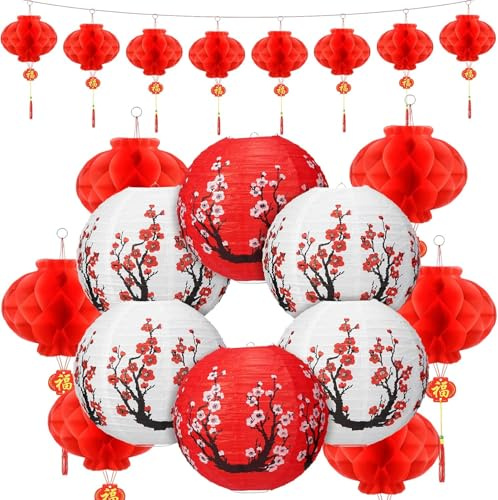 20 Stück 12 chinesische japanische Papierlaternen und 8 rote Laternen Party Dekorationen Kirschblüte Dekorative hängende Laternen für für Neues Jahr, Frühlingsfest, Hochzeit, Party