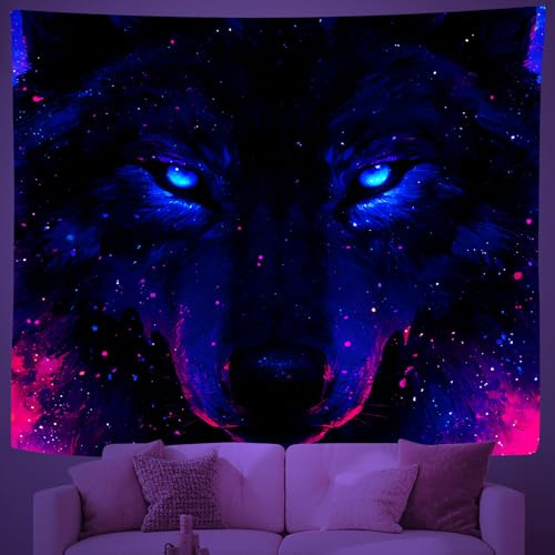 Schwarzlicht Dunkler Fantasy Wolf Wandteppich, UV-reaktiv Surreale Wolf Leuchtender Wandteppiche Wandbehang, Glow In The Dark Tapisserie für Schlafzimmer Wohnzimmer Wanddekoration 180x230cm T6zs231