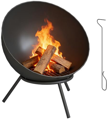 Outsunny Feuerschale 60 x 53 x 66cm Verstellbare Feuerstelle Schwarz | Schürhaken, Kohlegitter, Ständer, Feuerschalen Feuerkorb, für Garten Balkon Terrasse, Outdoor BBQ Camping