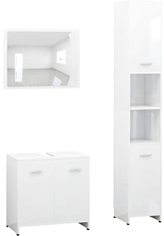 Mhdvray 3-TLG Badmöbel-Set Weiß, Holz: Hochschrank 183,5 cm, Waschtisch 60x61 cm, Spiegel 60x45 cm, komplett für Gäste-WC