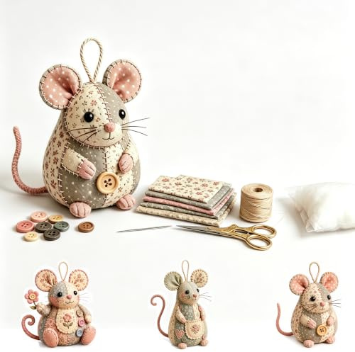 BRTNUP Patchwork Mouse DIY Kit, Pre-Cut DIY Patchwork Craft Set for Adults | Patchwork Mouse DIY Sewing Kit for Beginners,Cute Mouse Ornament DIY Kit,Handmade Sewing Craft Set with Floral Fabric&Button