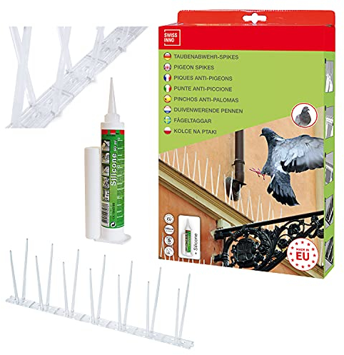 SWISSINNO Vogelabwehr Spikes Taubenabwehr 300cm | Zaun Spikes der Vogelabschreckung deckt 3 X 33cm inkl. Silikontube | Langzeitschutz zur sofortigen Montage - UV-beständig | Tauben Abschreckung