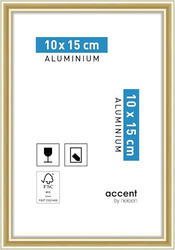 accent by nielsen Bilderrahmen, 10 x 15 cm, Aluminium, Gold glanz, Fotorahmen zum Auftstellen und Aufhängen im Hoch- & Querformat, Echtglas, Accent