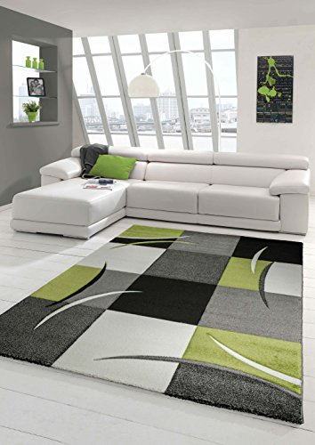 Designer Teppich Moderner Wohnzimmer Kurzflor Mit Konturenschnitt Karo Muster Grün Grau Creme Schwarz Größe 60x110 cm