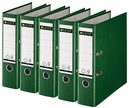Leitz 1010 Aktenordner, Kunststoff, breit, mit patentierter 180-Grad-Präzisionsmechanik, 5er Sparpack, 8 cm, Breit Green