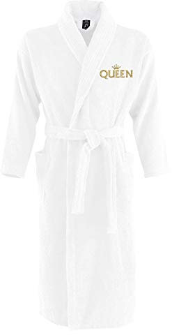 Nashville print factory Bademantel Morgenmantel weiß bestickt mit Motiv/KING/QUEEN/Krone Gold Partner-Look Sauna Hotel (S/M, QUEEN)