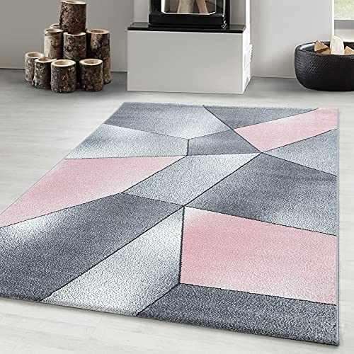 Carpetsale24 Designer Teppich Modern Abstrakt Gemustert – Grau und Pink – Wohnzimmerteppich für modernen Stil und Komfort, Größe 80x150 cm – Pflegeleicht, Weicher Flor, Ideal für Wohnzimmer