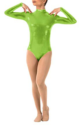 IWEMEK Damen Ballettanzug Glänzende Langarm Body Wetlook Danz Ballett Trikot Gymnastikanzug Turnanzug Metallic Einteiler Lack Leder Bodysuit Overall Leotard Top Kostüme Hellgrün M