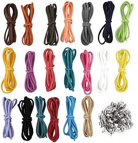 20pcs Leather String for Jewelry, 1m x 3mm Colored Cord, Flat Suede Strip With 100pcs Silver Ends for Crafts, Making Bracelets, Necklace, Keychain, Beading (20 Colors)