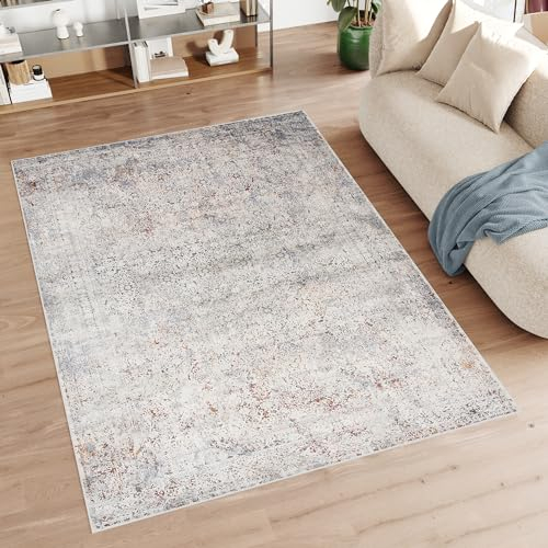 TAPISO Feyruz Teppich Kurzflor Creme Orange Rot Blau Hellgrau Punkte Meliert Used Effekt Wohnzimmer Schlafzimmer ÖKO-TEX 200 x 300 cm