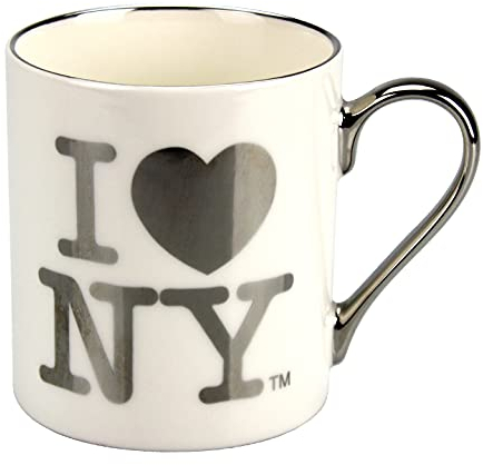 I Love NY Official Licensed I LoveHeart NY Coffee Mug - 11oz (White w Silver Lettering), Medium